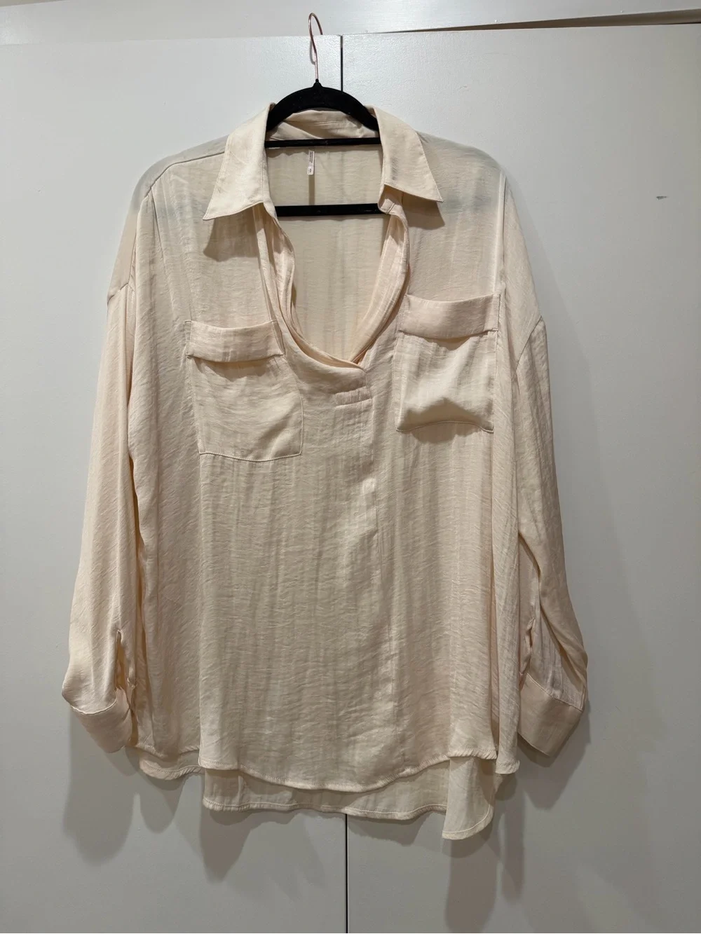 Free People Starry Dreams Pullover Tunic Top Cream Silky V-Neck Pocket Blouse S